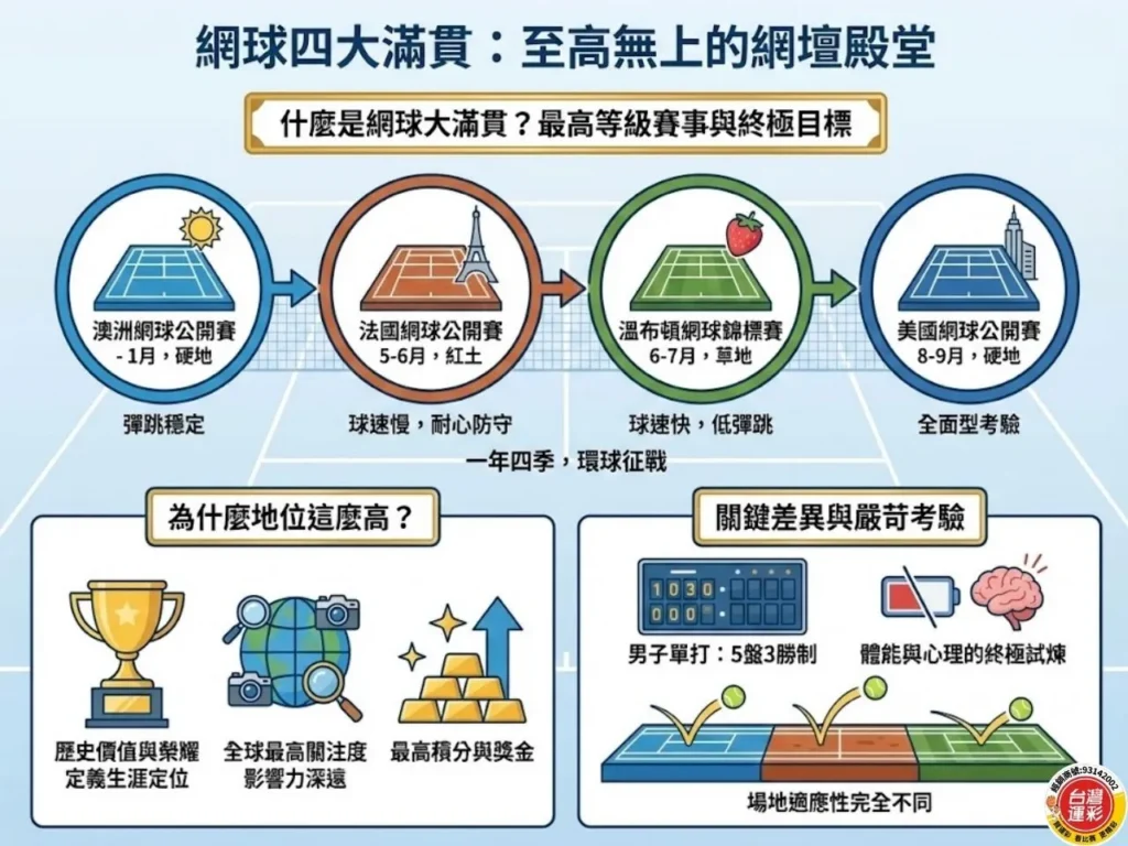 網球大滿貫 四大滿貫 網球四大滿貫 大滿貫網球賽 四大滿貫賽事 網球大滿貫是什麼 澳網 法網 溫網 美網 差別