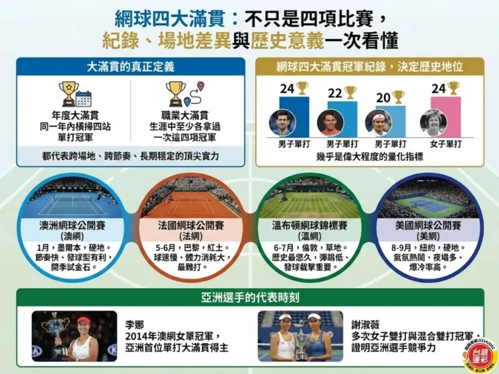 網球大滿貫 四大滿貫 網球四大滿貫 大滿貫網球賽 四大滿貫賽事 網球大滿貫是什麼 澳網 法網 溫網 美網 差別