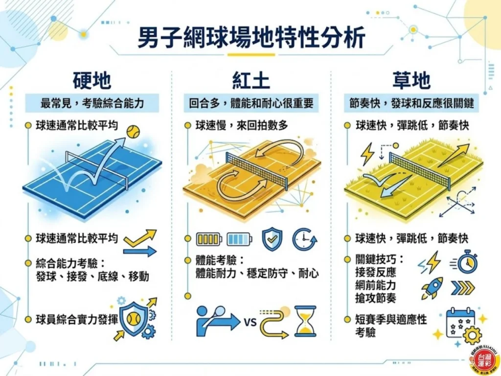 男子網球場地特性分析，硬地、紅土、草地球速與球員打法差異