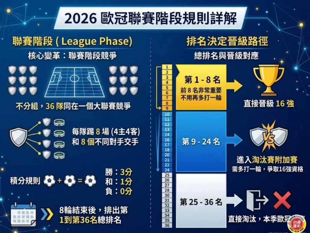 2026 歐冠聯賽階段規則圖，說明 36 隊同場競爭、每隊 8 場賽事與排名決定晉級路徑