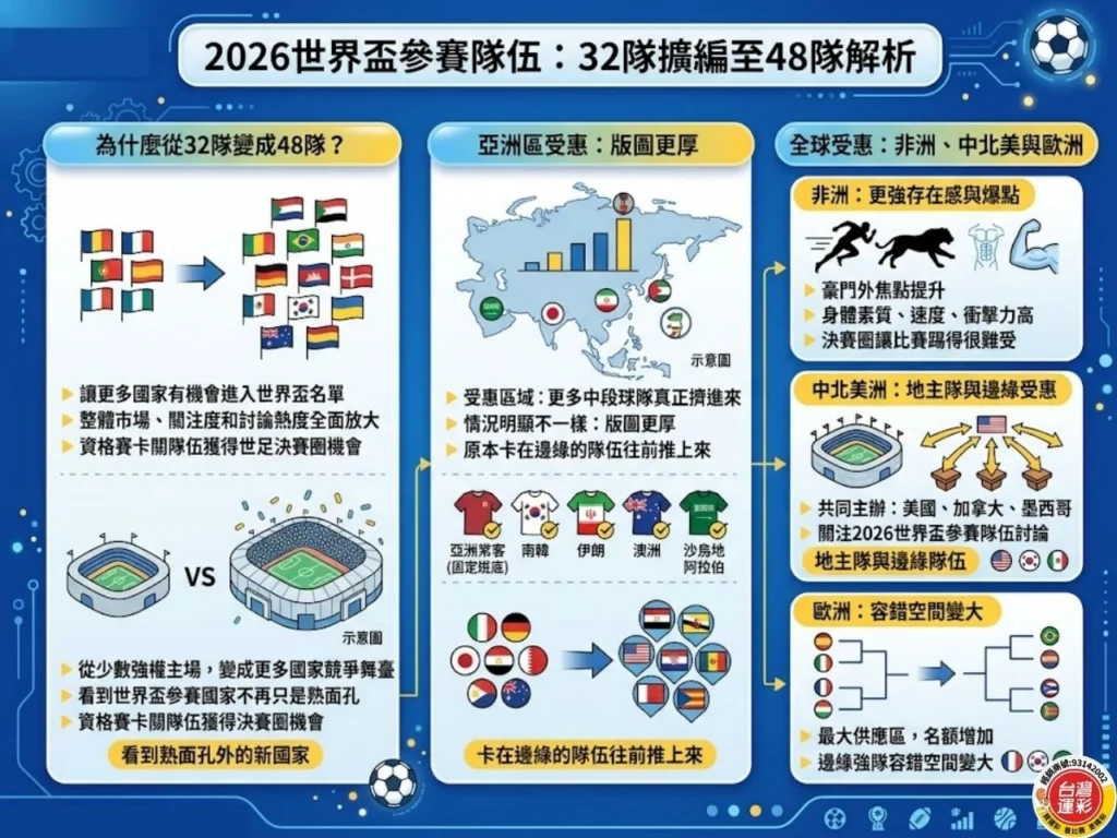 2026 世界盃參賽隊伍擴編解析圖，說明參賽隊伍由 32 隊增加到 48 隊後，各洲受惠情況與賽事變化