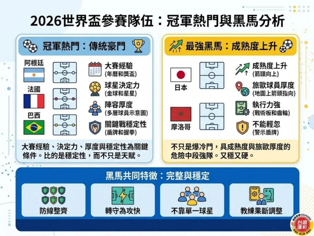 2026 世界盃參賽隊伍分析圖，整理冠軍熱門球隊與黑馬球隊的實力條件與觀察重點