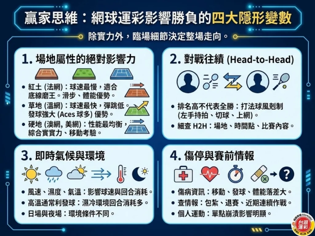 網球運彩四大隱形變數解析圖，整理場地屬性、對戰往績、即時氣候與傷停賽前情報