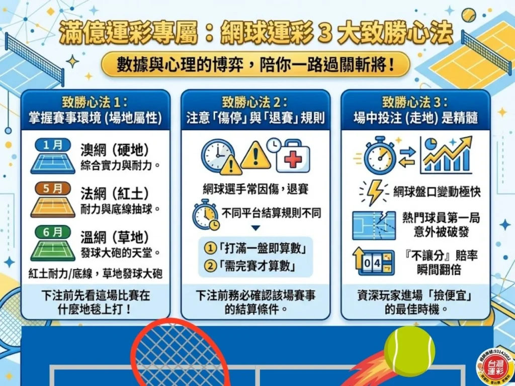 網球運彩致勝心法整理圖，說明場地屬性、傷停退賽規則與場中投注對判斷盤口的重要性