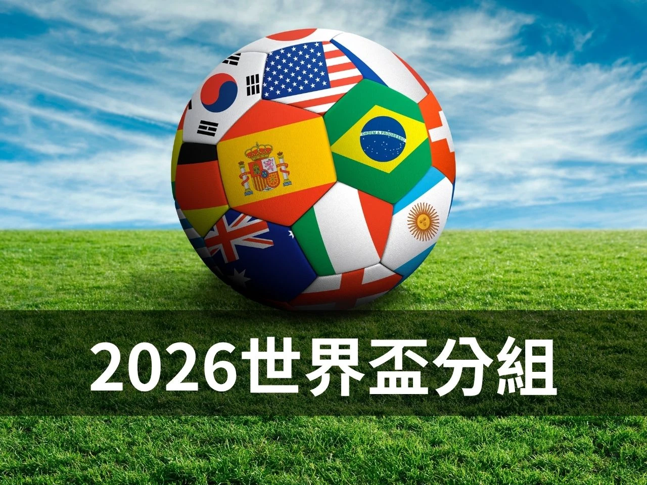 2026 世界盃分組主視覺圖,畫面為印有多國國旗的足球與綠地背景