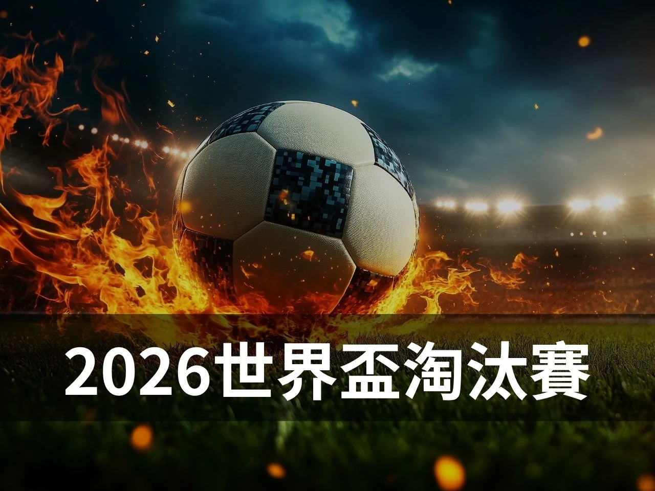 2026 世界盃淘汰賽主視覺圖,畫面為燃燒中的足球與淘汰賽緊張氛圍