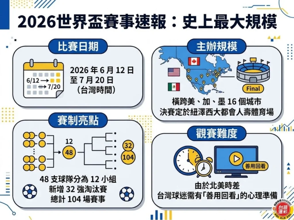 2026 世界盃賽事速報圖，整理比賽日期、主辦規模、賽制亮點與台灣球迷