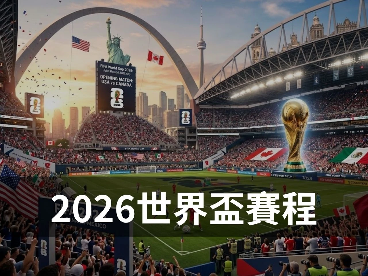 2026 世界盃賽程主視覺圖,畫面為北美球場、世界盃獎盃與大型賽事現場氛圍