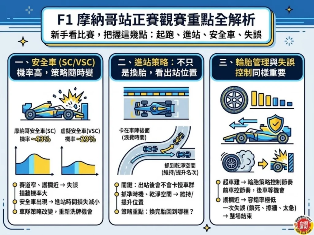 F1摩納哥站正賽觀賽重點，包含安全車、虛擬安全車、進站策略、輪胎管理與失誤控制