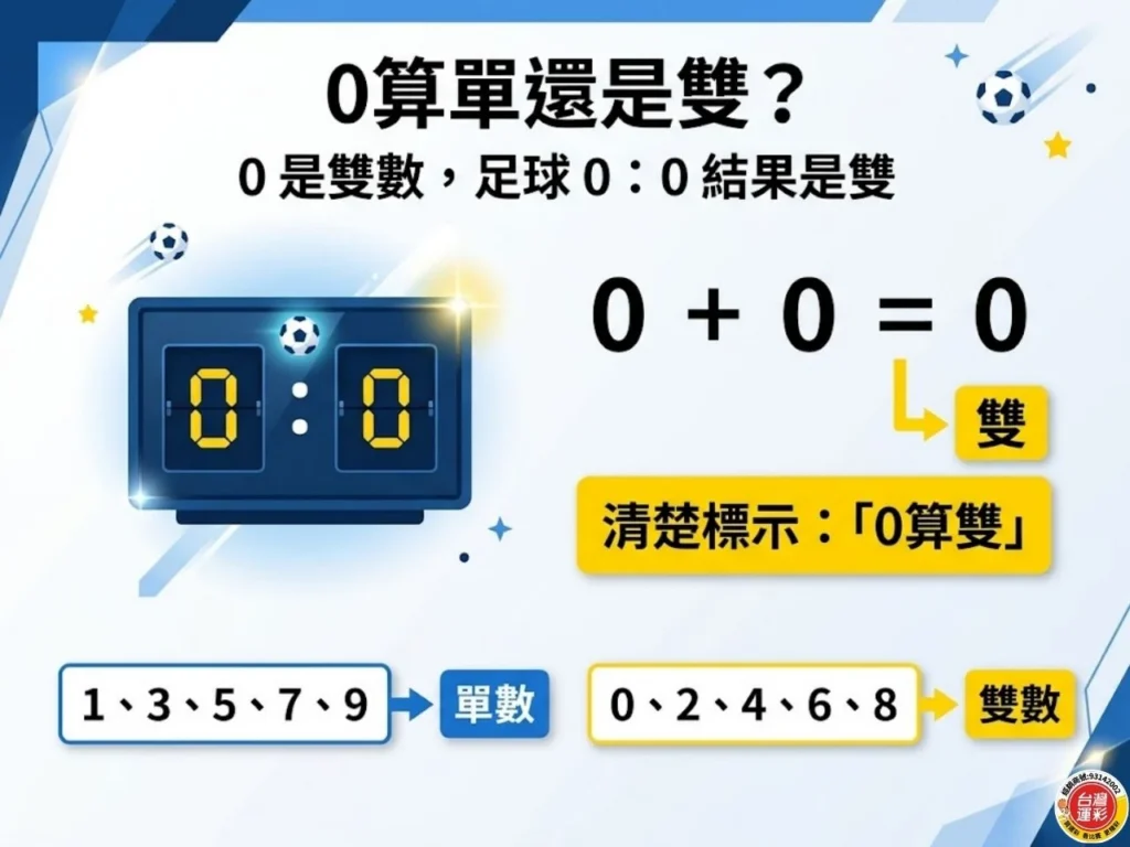 這張圖圖片以足球 0：0 為例，說明 0＋0＝0，而 0 屬於雙數，因此結果為雙。圖中也將 1、3、5、7、9 歸類為單數，0、2、4、6、8 歸類為雙數，有助於讀者建立快速判斷方式。