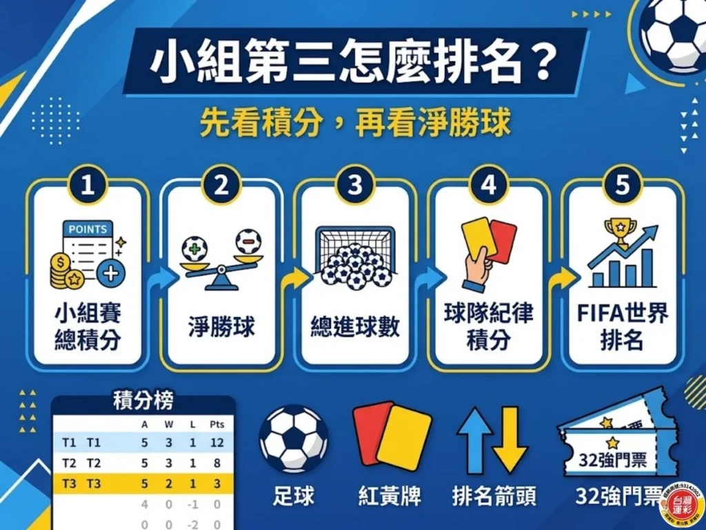 2026世界盃小組第三排名比較順序圖圖片用 5 個步驟整理小組第三名的比較順序,包含小組賽總積分、淨勝球、總進球數、球隊紀律積分與 FIFA 世界排名