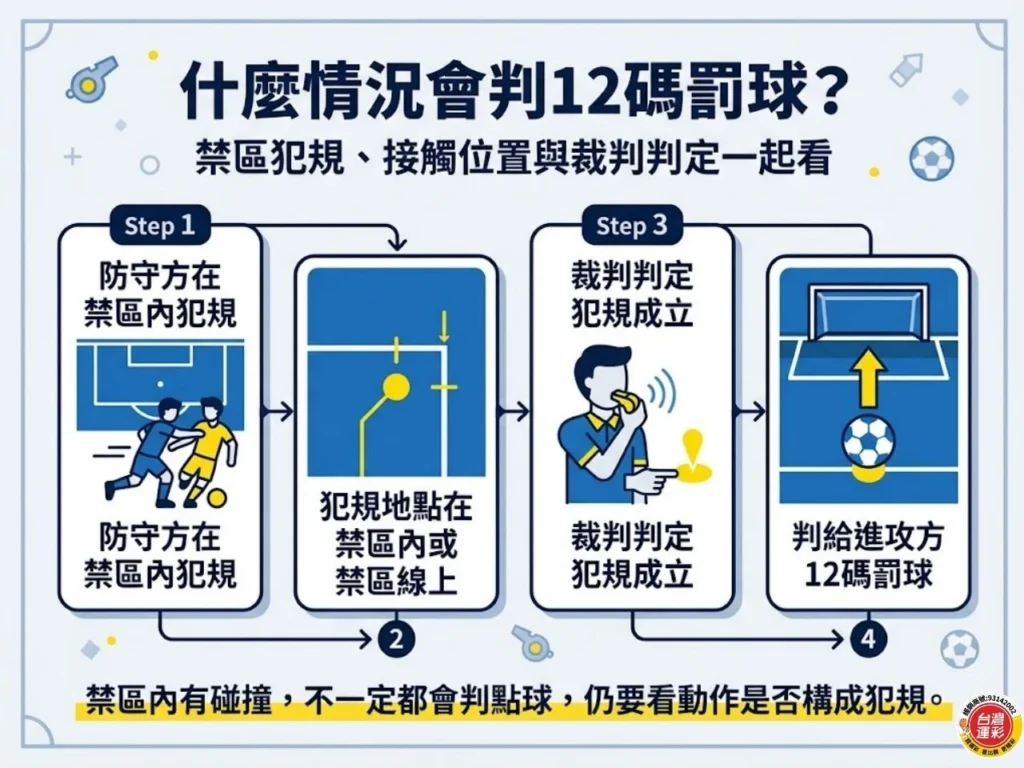 圖片用流程方式整理防守方在禁區內犯規、犯規地點是否在禁區內或禁區線上、裁判判定是否成立,以及最後是否判給進攻方 12碼罰球