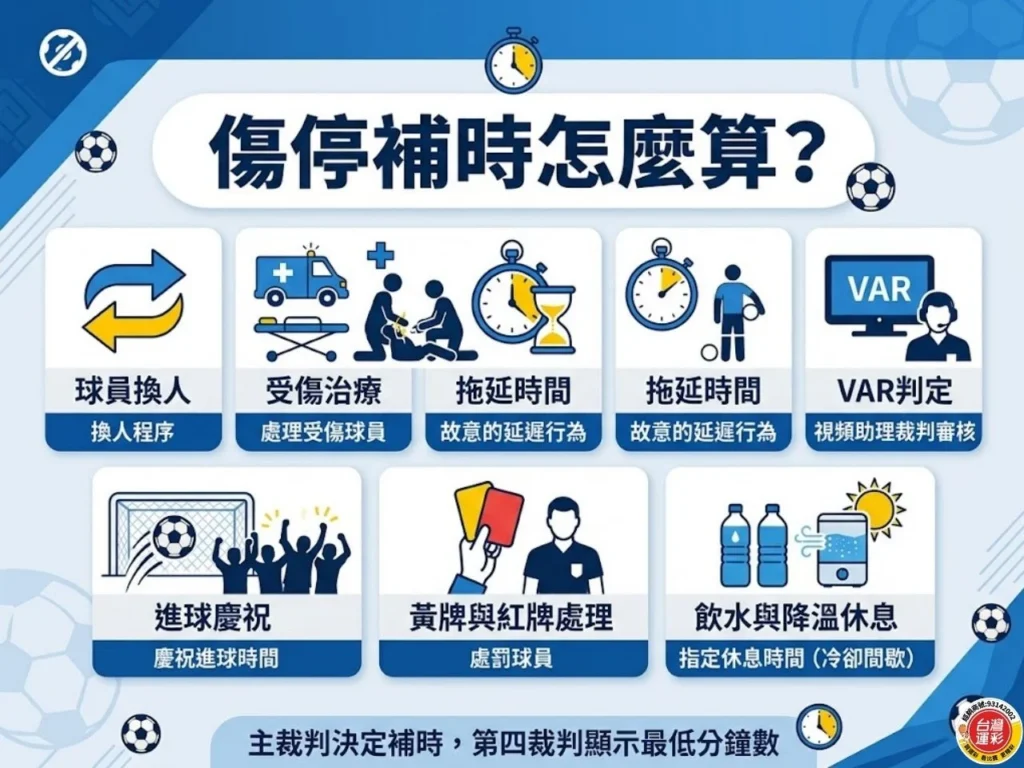 足球傷停補時怎麼算資訊圖,包含球員換人、受傷治療、拖延時間、VAR判定、進球慶祝與紅黃牌處理