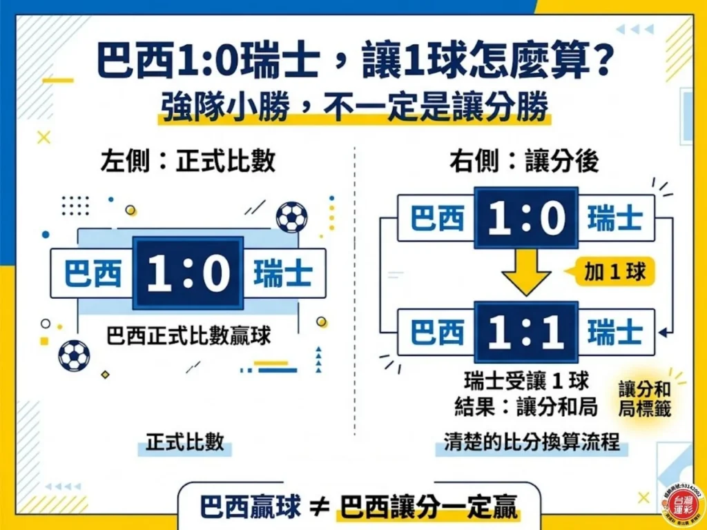 圖片左側呈現正式比分巴西 1:0 瑞士,右側示範瑞士受讓 1 球後,比分調整為 1:1,最後結果為讓分和局。